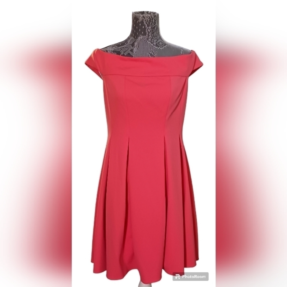 Adrianna Papell Women's Off the Shoulder Coral Knit Crepe Pleated Dress, Size 8